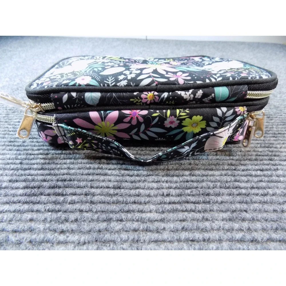 Floral Jewelry Travel Organizer Case Double Layer Storage Bag Black Botanical